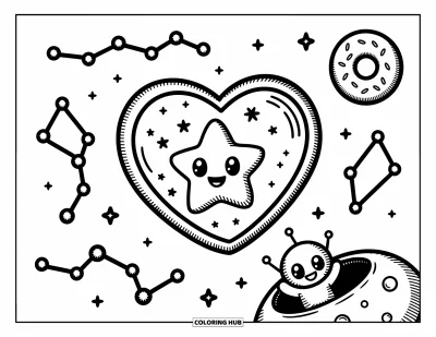 Coloriage d'emojis pour adultes : Une planète beignet tourne tandis qu'un emoji étoile brille près d'étoiles scintillantes et d'un extraterrestre qui fait signe