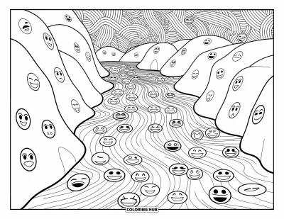 Coloriage d'emojis pour adultes : Une scène de rivière avec des courants d'eau composés d'expressions d'emojis entrelacées et des berges rocheuses