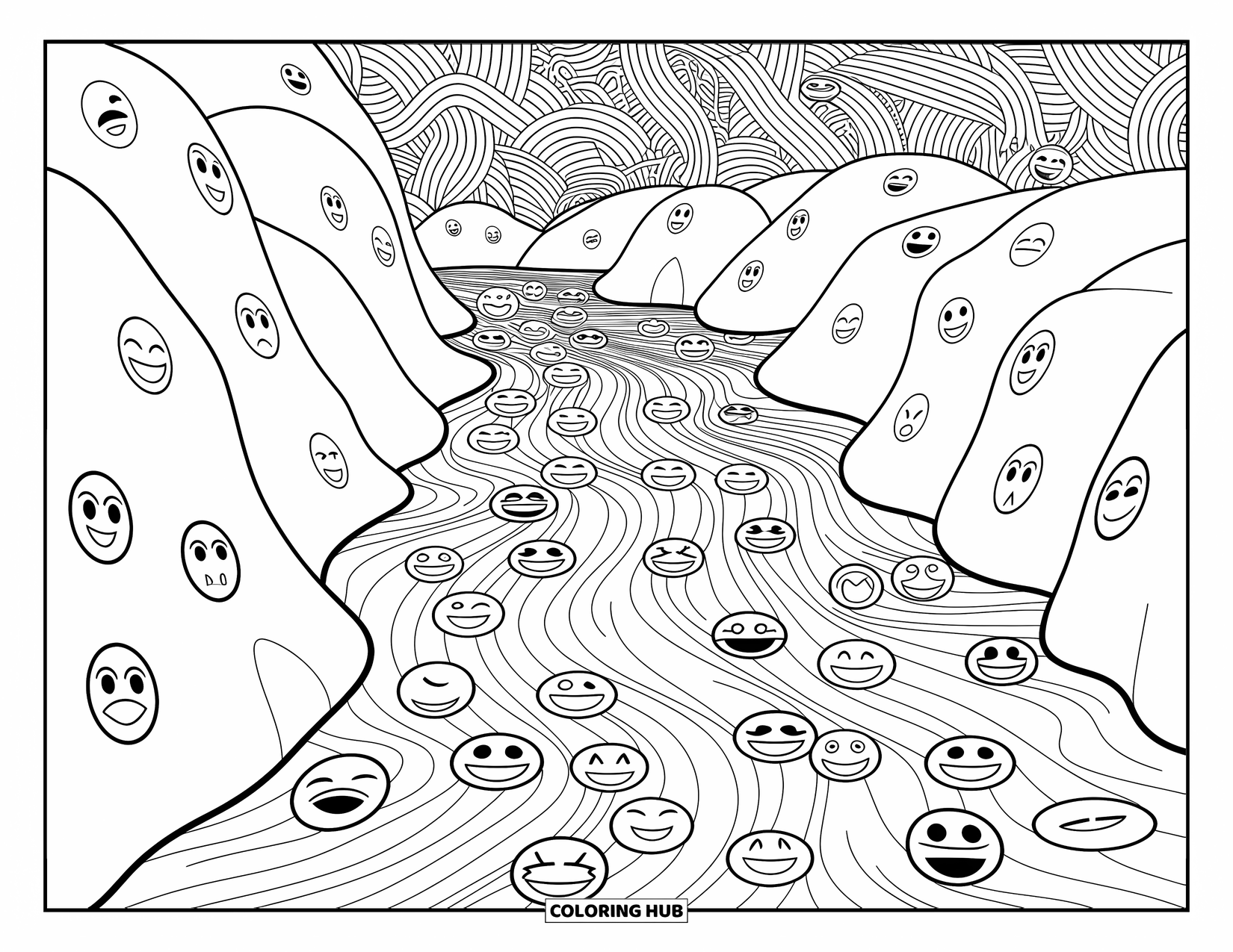 Emoji Coloring Page for Adults: A flowing river scene with water currents made of interwoven emoji expressions and rocky banks