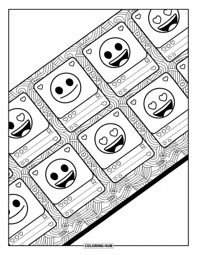 Coloriage d'emojis pour adultes : Un fil de réseau social animé rempli d'emojis qui posent, de likes, de hashtags et de fonds détaillés