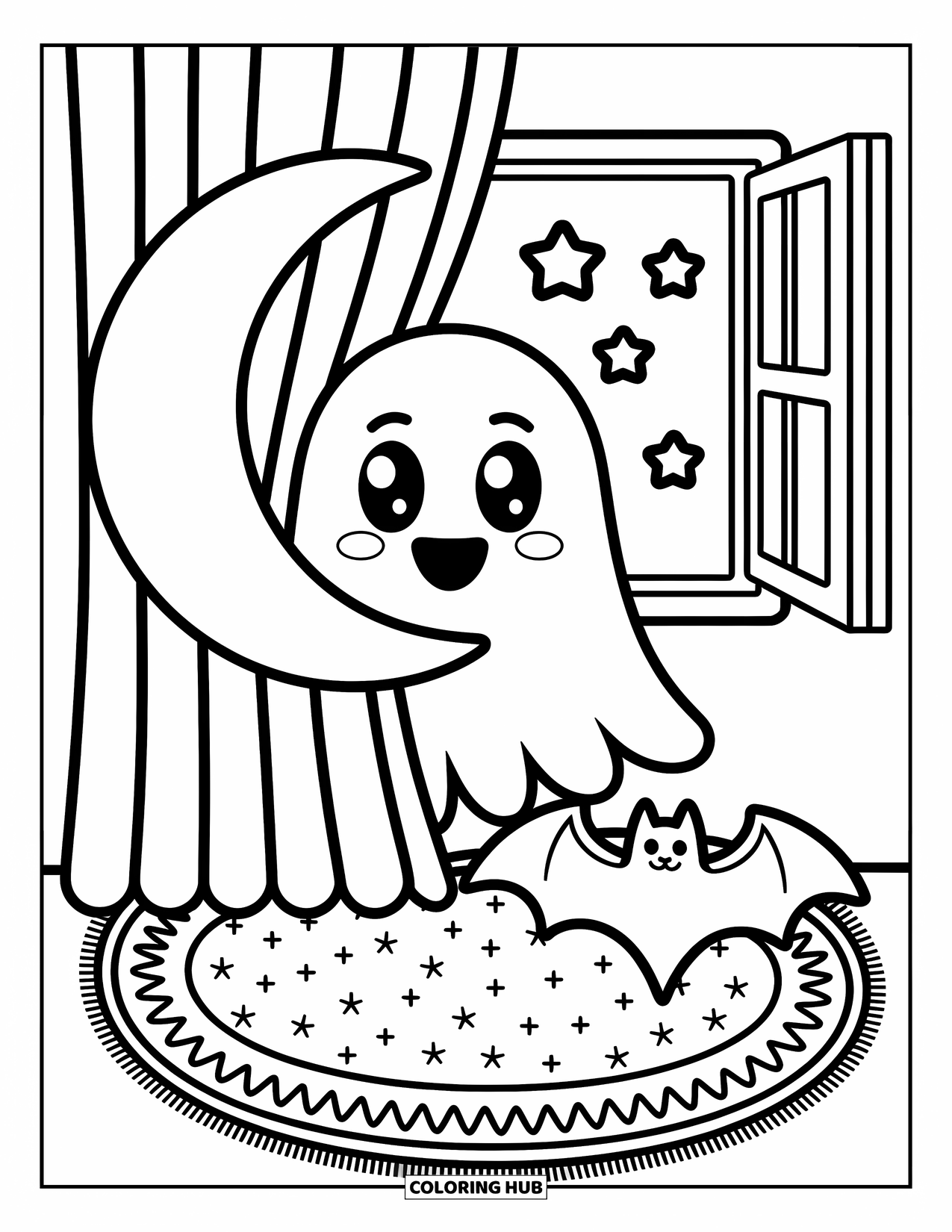 Emoji Coloring Page for Adults: A ghost emoji peeks playfully from behind a moon curtain near twinkling stars and sparkles