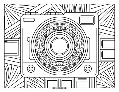 Coloriage d'emojis pour adultes : Un immense objectif d'appareil photo fait de minuscules emojis forme une scène circulaire amusante et fourmillant de détails