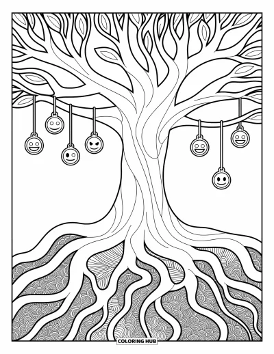 Coloriage d'emojis pour adultes : Un grand arbre avec des breloques d'emojis suspendues aux branches et des racines qui s'enroulent en formes organiques complexes