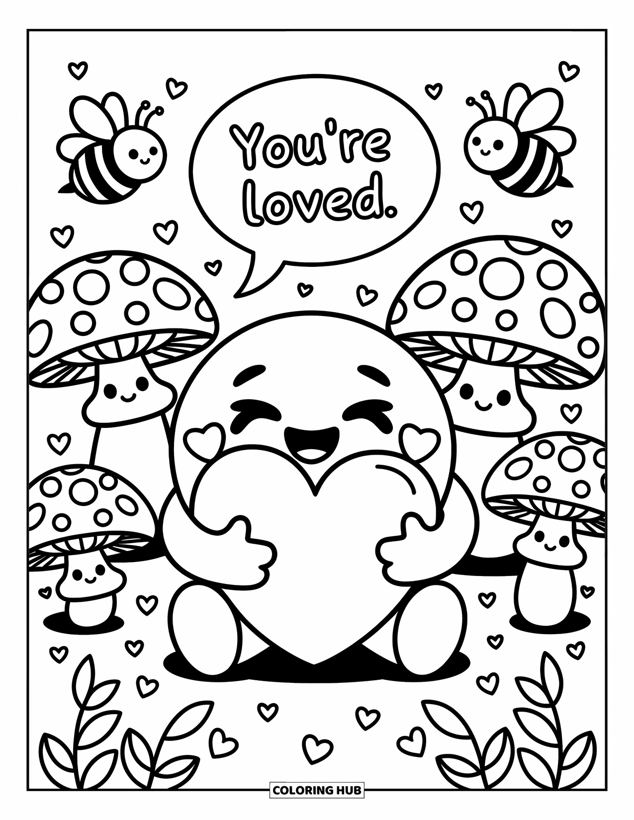 Emoji Coloring Page for Adults: A hugging emoji cuddles a heart among smiling mushrooms while bees in bow ties buzz nearby