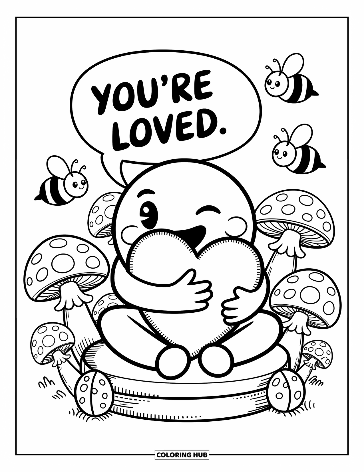 Emoji Coloring Page for Adults: A hugging emoji cuddles a plush heart while bees in bow ties buzz around playfully
