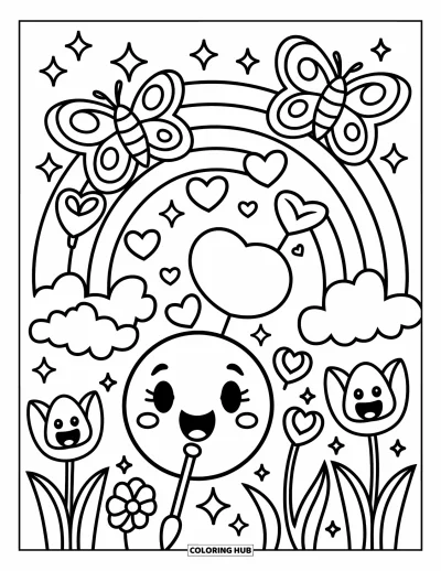 Coloriage d'emojis pour adultes : Un emoji bisou souffle des bulles en cœur pendant que des papillons voltigent et qu'un arc-en-ciel scintille derrière