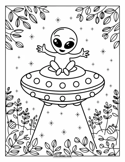 Coloriage d'emojis pour adultes : Un espiègle emoji extraterrestre fait signe depuis une soucoupe volante au-dessus d'une forêt paisible et lumineuse