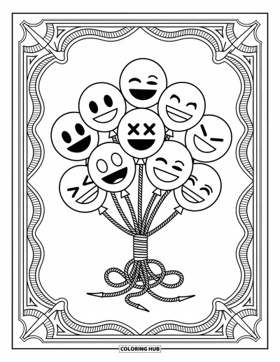 Coloriage d'emojis pour adultes : Un joli bouquet de ballons d'emojis noués avec des rubans et entourés de motifs complexes