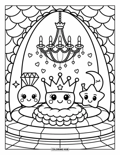 Coloriage d'emojis pour adultes : Une couronne espiègle repose sur un coussin pendant que de petits conseillers se rassemblent sous des lumières en forme de cœur