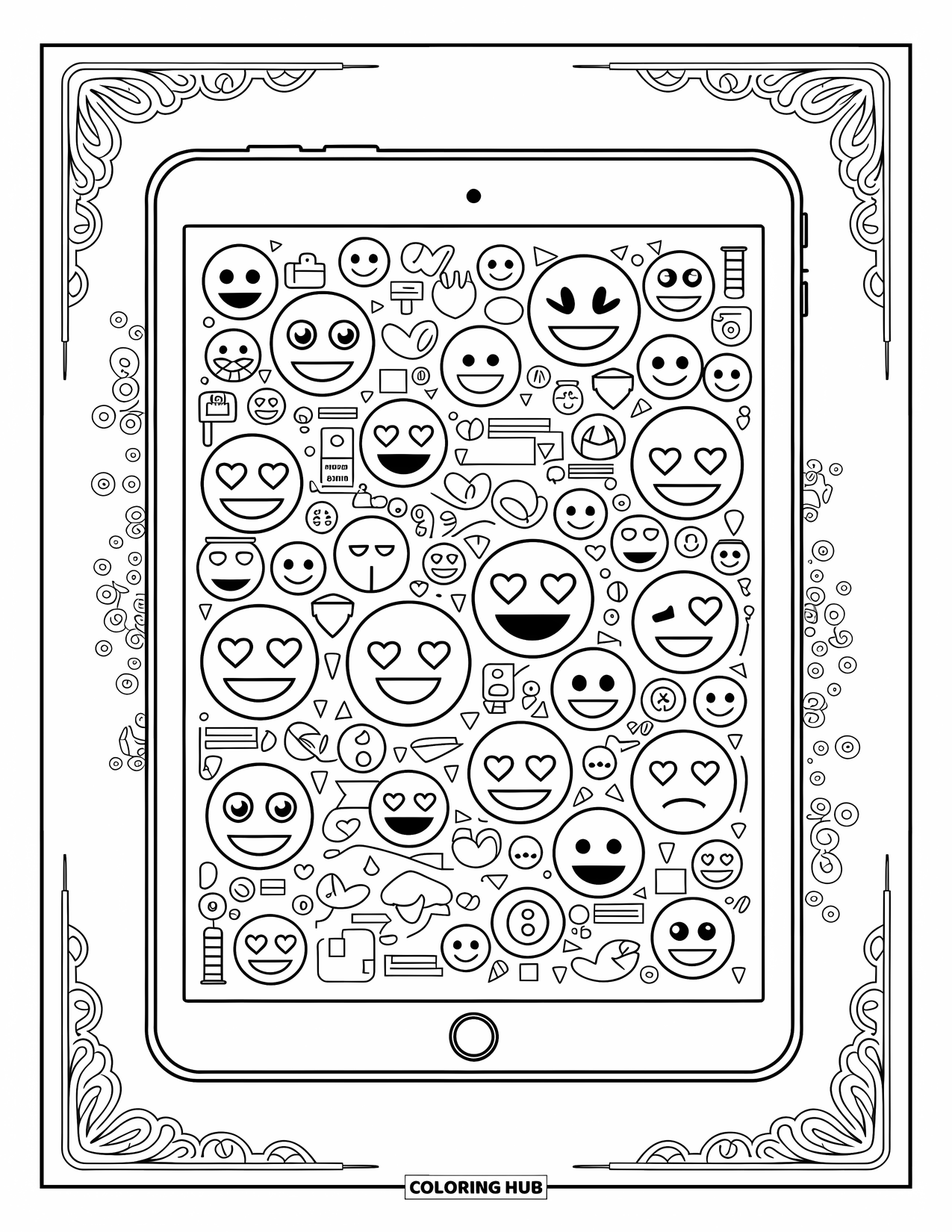 Emoji Coloring Page for Adults: A playful emoji collage shaped like a tablet screen with swirling motifs and tiny frames