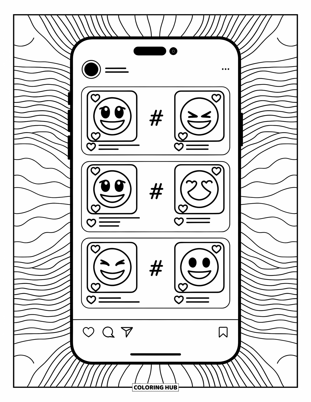 Emoji Coloring Page for Adults: A playful social media scroll showing expressive emojis with tiny likes and hashtags