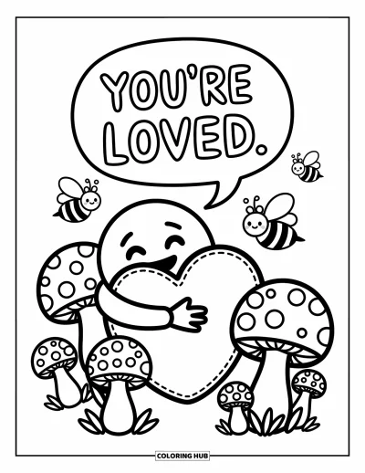 Coloriage d'emojis pour adultes : Un cœur en peluche est serré dans les bras d'un doux emoji tandis que des abeilles dansent autour de champignons kawaii