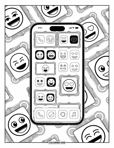 Coloriage d'emojis pour adultes : Une disposition d'écran remplie d'applications emoji, chacune encadrée par des motifs tourbillonnants et des décorations