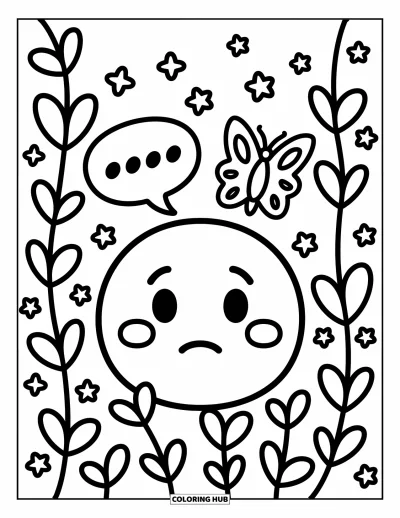 Coloriage d'emojis pour adultes : Un emoji timide se cache derrière des vignes en forme de cœur pendant que des pétales de fleurs tombent doucement autour de lui