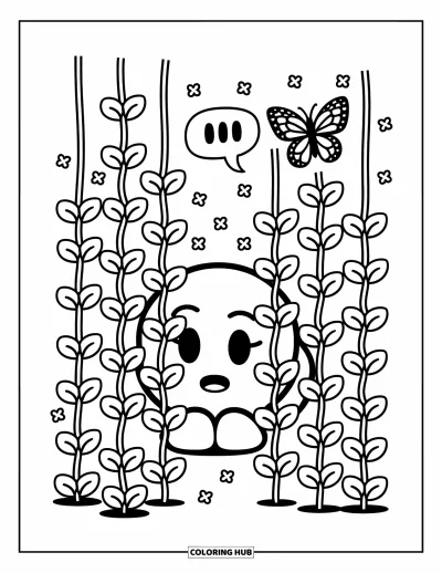 Coloriage d'emojis pour adultes : Un emoji timide se cache derrière des vignes en cœur pendant que des pétales tombent et qu'un papillon voltige à proximité
