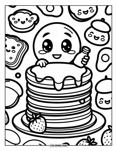 Coloriage d'emojis pour adultes : Un emoji timide se cache derrière des pancakes pendant que des œufs en bérets et des tranches de toast sourient à côté