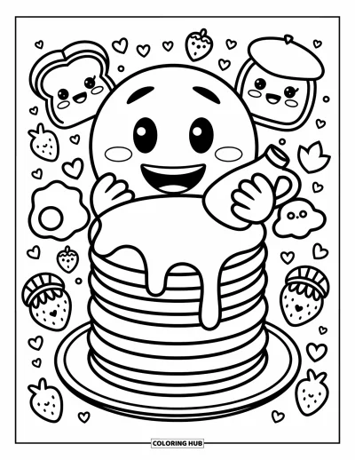Coloriage d'emojis pour adultes : Un emoji timide pointe le nez derrière des pancakes, tenant du sirop près de tartines, d'œufs et de fraises
