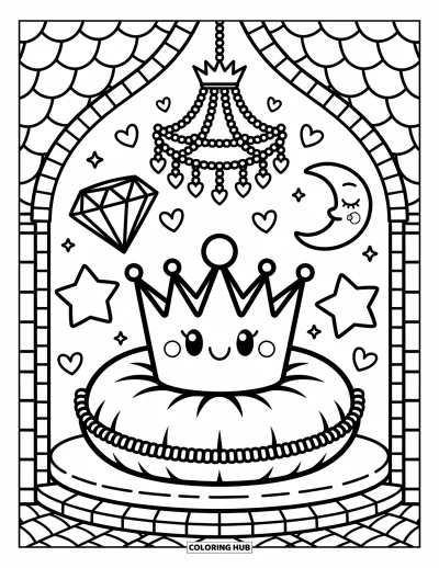 Coloriage d'emojis pour adultes : Une lune endormie, un diamant et une étoile entourent un emoji couronne sous un lustre illuminé de cœurs