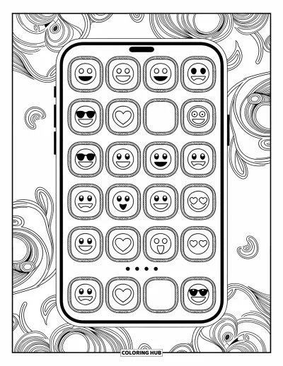 Coloriage d'emojis pour adultes : Un écran d'accueil de smartphone rempli d'icônes d'applications emoji encadrées par des bordures ornées et décoratives