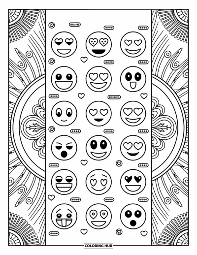 Coloriage d'emojis pour adultes : Un fil de réseau social rempli d'emojis expressifs, de bulles de commentaires, de likes et de hashtags