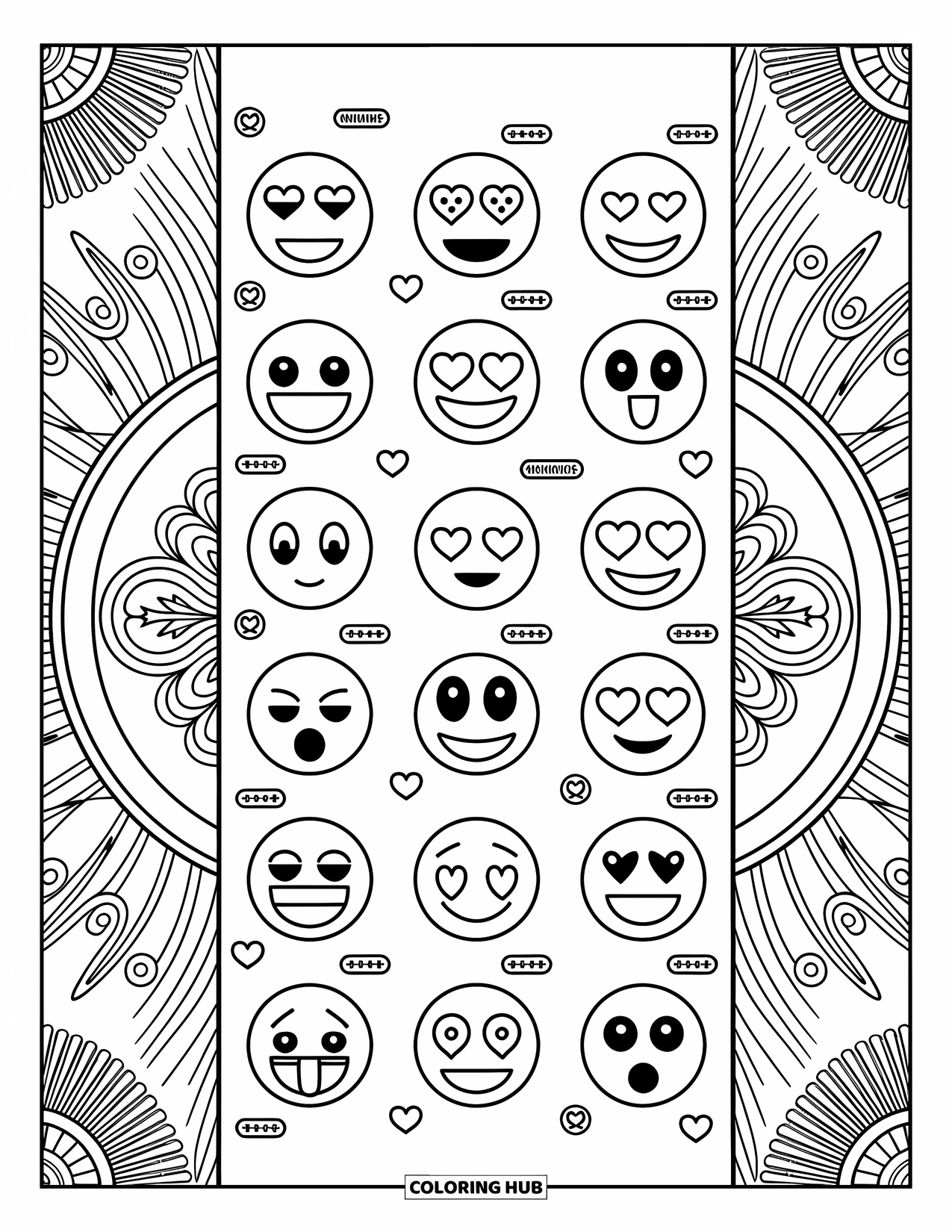 Emoji Coloring Page for Adults: A social media feed scroll filled with expressive emojis, comment bubbles, likes, and hashtags