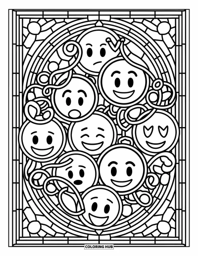 Coloriage d'emojis pour adultes : Un motif de vitrail avec des visages d'emojis entrelacés et des vignes enroulées