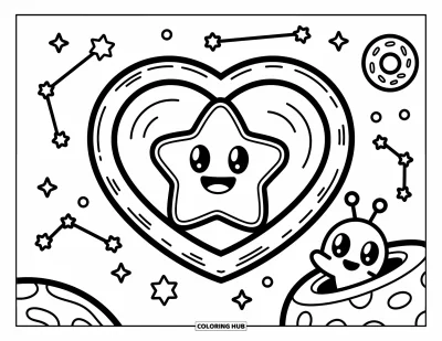 Coloriage d'emojis pour adultes : Un emoji étoile flotte dans l'espace à travers une fenêtre en forme de cœur, avec un extraterrestre qui fait signe en dessous