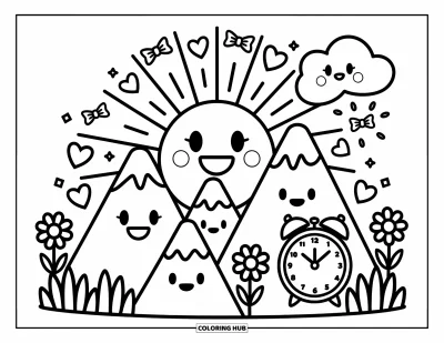 Coloriage d'emojis pour adultes : Un emoji soleil se lève derrière des sommets joyeux pendant qu'un nuage qui bâille repose à côté d'une petite horloge mignonne