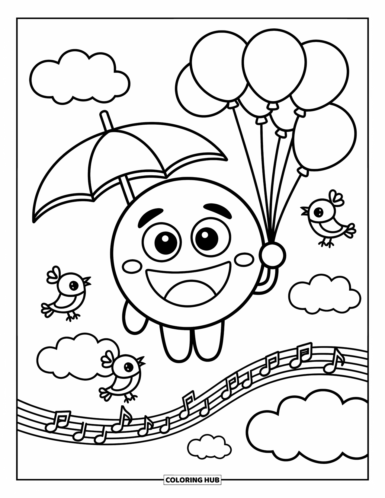 Emoji Coloring Page for Adults: A surprised emoji floats down with balloons, umbrella in hand, past clouds and scarfed birds