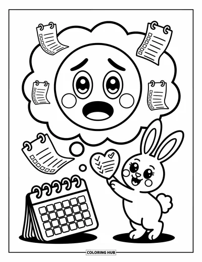 Coloriage d'emojis pour adultes : Un adorable lapin se dresse en tenant une liste de cœurs vers un emoji enfermé dans une bulle