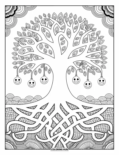 Coloriage d'emojis pour adultes : Un grand arbre avec des breloques d'emojis qui pendent des branches et des racines qui s'entortillent en motifs