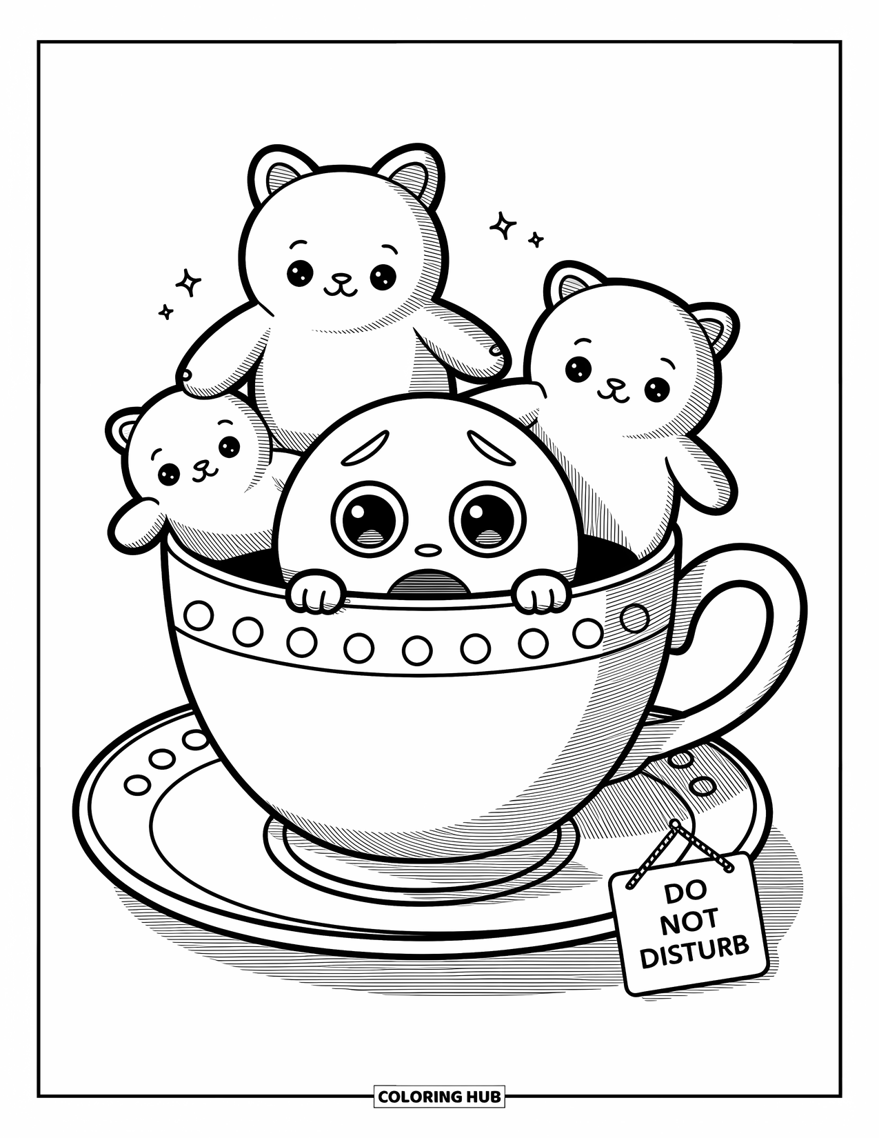 Emoji Coloring Page for Adults: A teacup fort hides a shy emoji while plushies stand watch all around