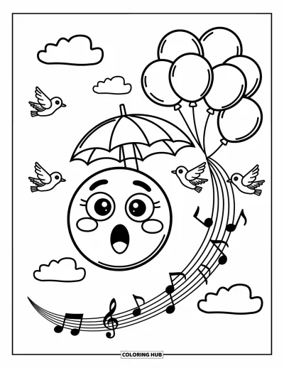 Coloriage d'emojis pour adultes : Un emoji aux yeux écarquillés flotte parmi des ballons pendant que des oiseaux avec des écharpes passent joyeusement