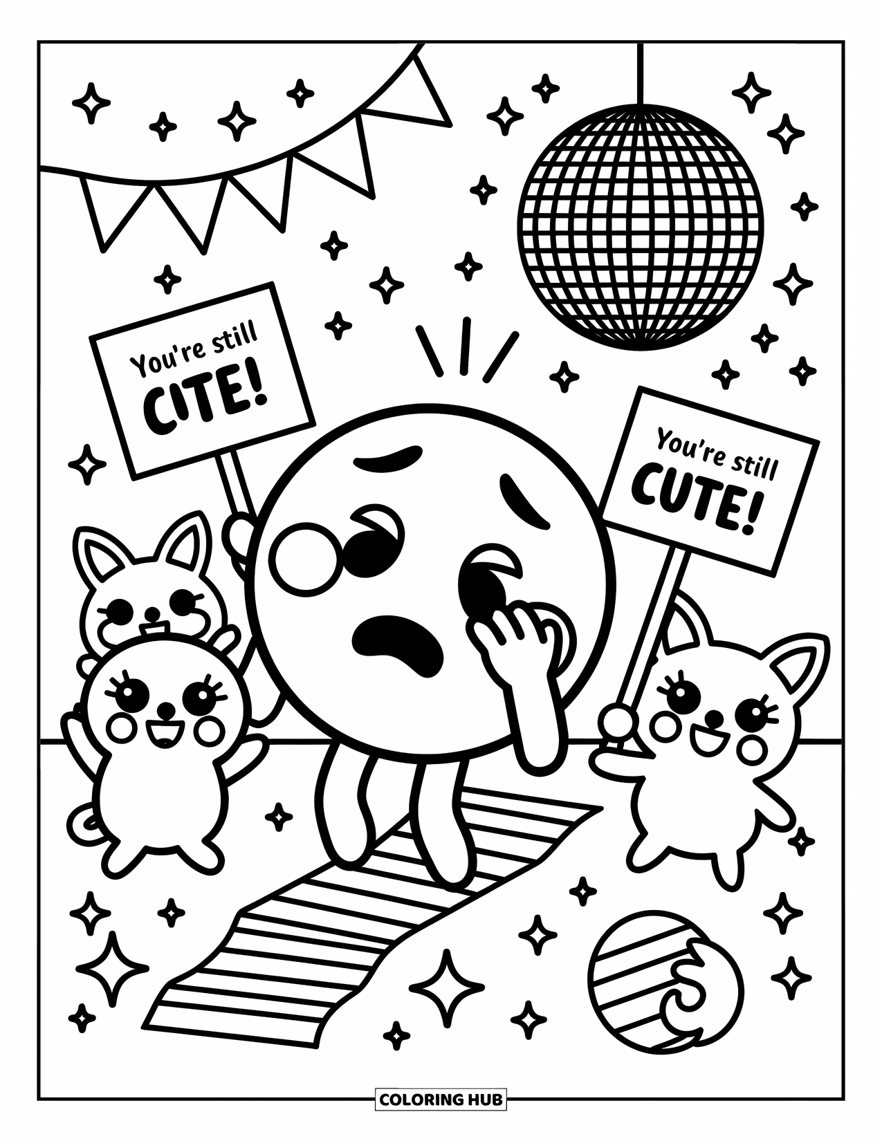 Emoji Coloring Page for Adults: An embarrassed emoji trips on a ribbon as critters cheer with ìYouíre still cuteî signs