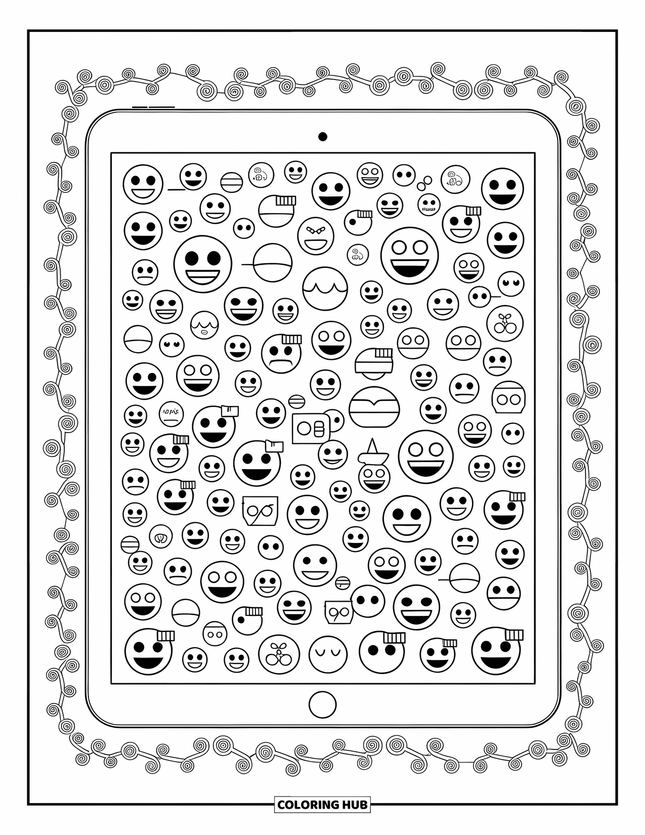 Emoji Coloring Page for Adults: An emoji collage shaped like a tablet screen filled with swirls, frames, and decorative icons