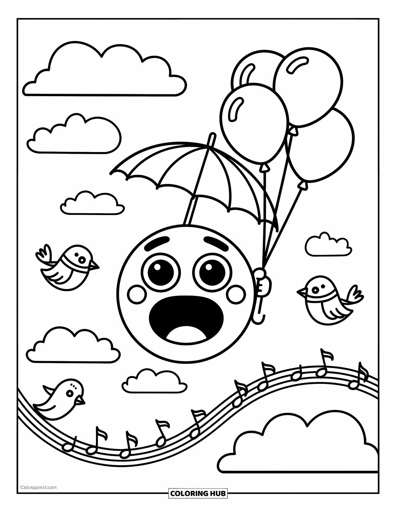 Emoji Coloring Page for Adults: Balloons carry a surprised emoji gently down past clouds, birds, and floating musical notes