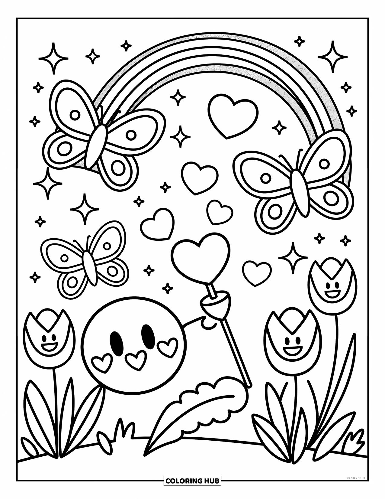 Emoji Coloring Page for Adults: Butterflies and smiling tulips surround a kissy emoji blowing heart bubbles from a wand