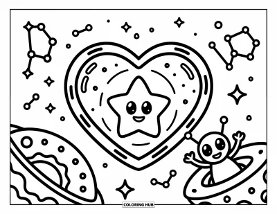 Coloriage d'emojis pour adultes : Des constellations scintillent pendant qu'un emoji étoile flotte dans l'espace, observé par un extraterrestre sympathique