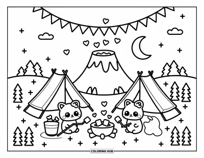Coloriage d'emojis pour adultes : Des bulles en forme de cœur s'élèvent d'un volcan chaleureux pendant que des emojis campeurs profitent de la nuit ensemble