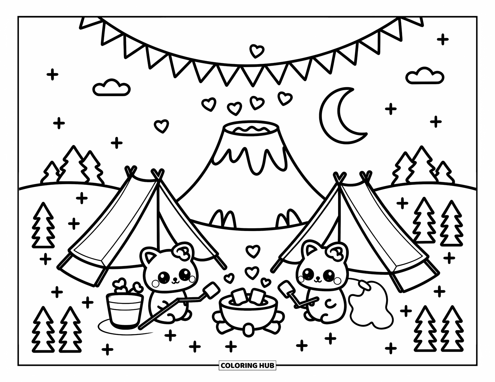 Emoji Coloring Page for Adults: Heart bubbles float from a cozy volcano while emoji campers enjoy the night together