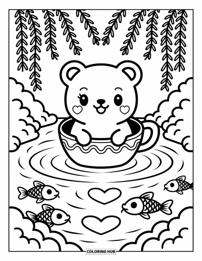 Coloriage d'emojis pour adultes : Des vaguelettes en forme de cœur entourent un bateau-tasse pendant qu'un emoji ours dérive sous des branches de saule