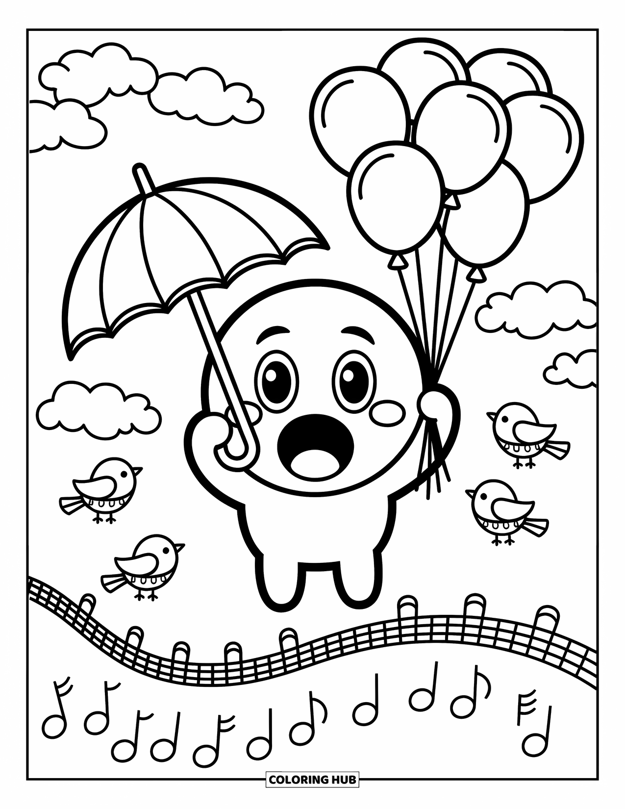 Emoji Coloring Page for Adults: Holding an umbrella, a surprised emoji drifts through clouds with birds and tiny music notes