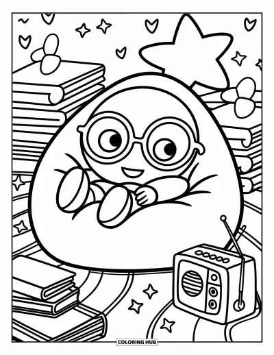 Coloriage d'emojis pour adultes : Allongé avec des lunettes, un emoji décontracté se prélasse parmi des coussins étoilés, des livres et des détails chaleureux