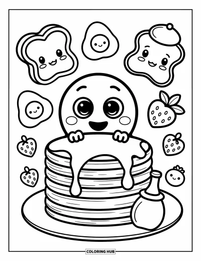 Coloriage d'emojis pour adultes : Des pancakes s'empilent au-dessus d'un emoji timide pendant que des amis du petit-déjeuner sourient tout autour