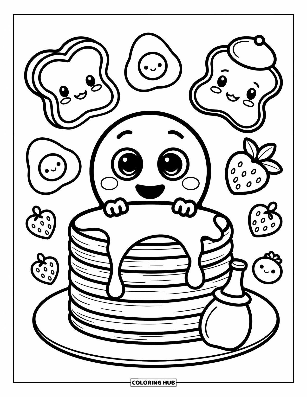Emoji Coloring Page for Adults: Pancakes tower above a shy emoji as breakfast friends smile all around