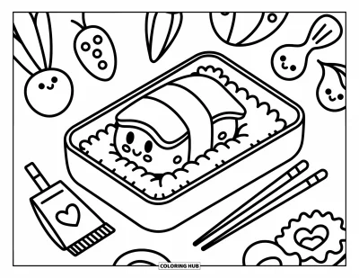 Coloriage d'emojis pour adultes : Des sushis paisibles reposent dans une boîte bento entourée de légumes joyeux et de détails chaleureux