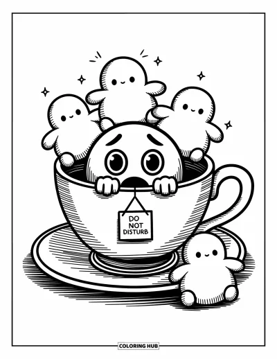 Coloriage d'emojis pour adultes : Des amis en peluche gardent un petit emoji caché à l'intérieur d'un immense fort en forme de tasse de thé