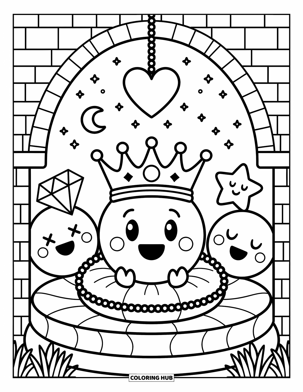Emoji Coloring Page for Adults: Royal emoji friends gather around a crown and chandelier inside a cozy, whimsical castle
