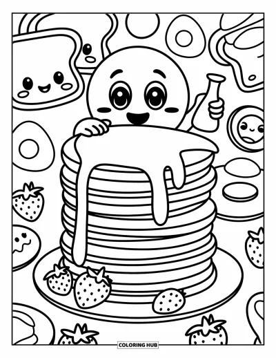 Coloriage d'emojis pour adultes : Des tartines et des baies souriantes entourent un emoji timide caché derrière des pancakes avec du sirop à la main