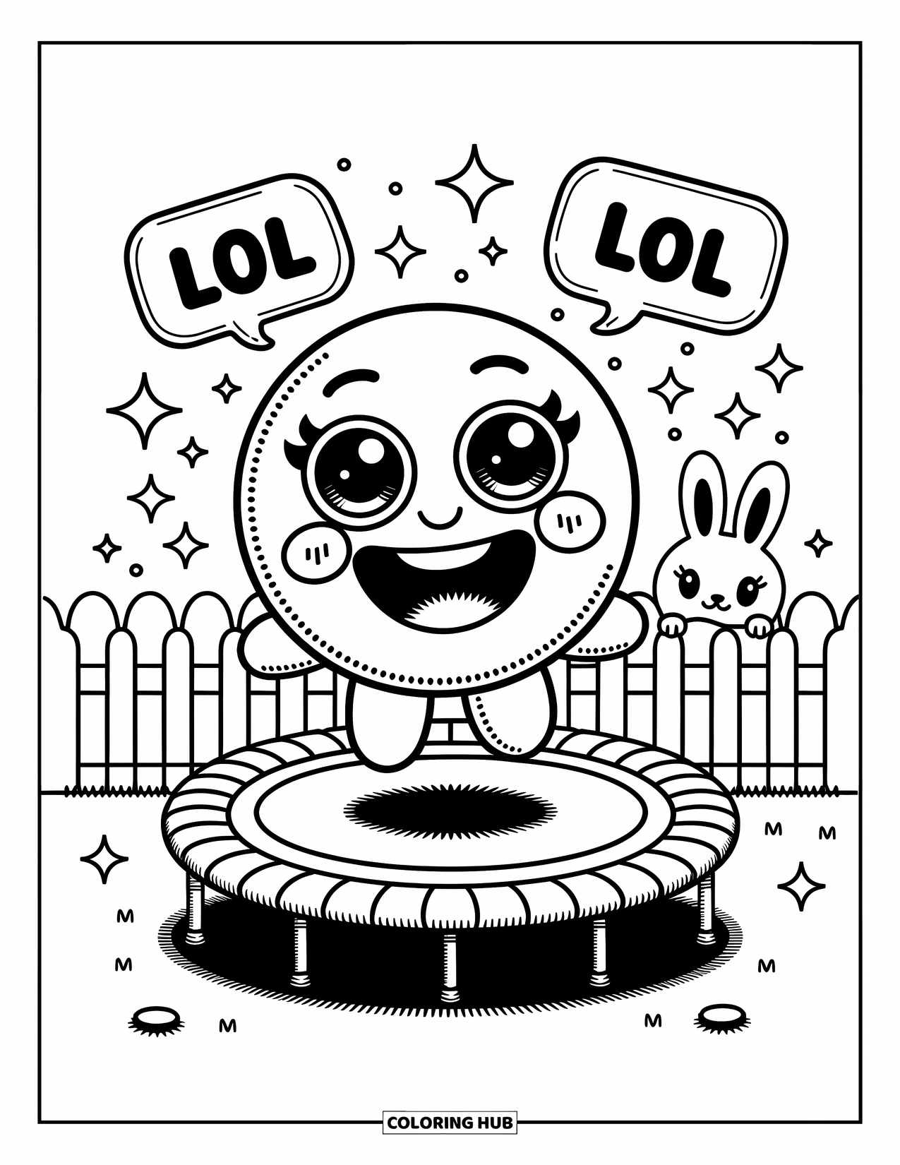 Emoji Coloring Page for Adults: Sparkles swirl as a laughing emoji jumps on a trampoline with a bunny watching